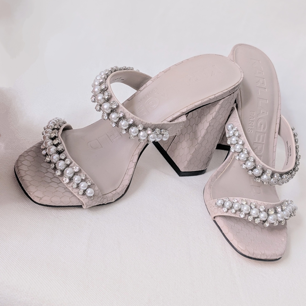 Karl Lagerfeld Paris Textured Block Heels, Pearl Embellishments straps sandals